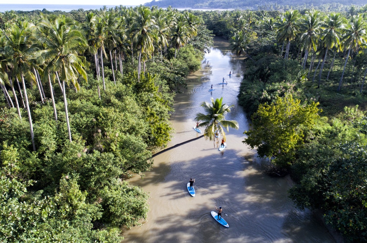 sub boards on the river between palm trees at NIHI Sumba, Indonesia