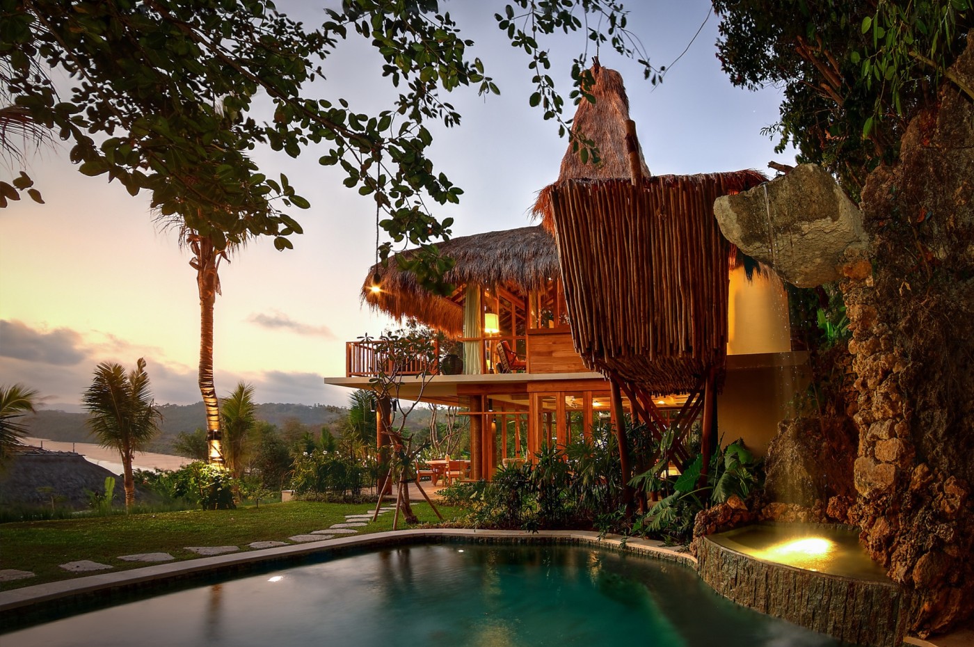Pool villa at sunset at NIHI Sumba, Indonesia