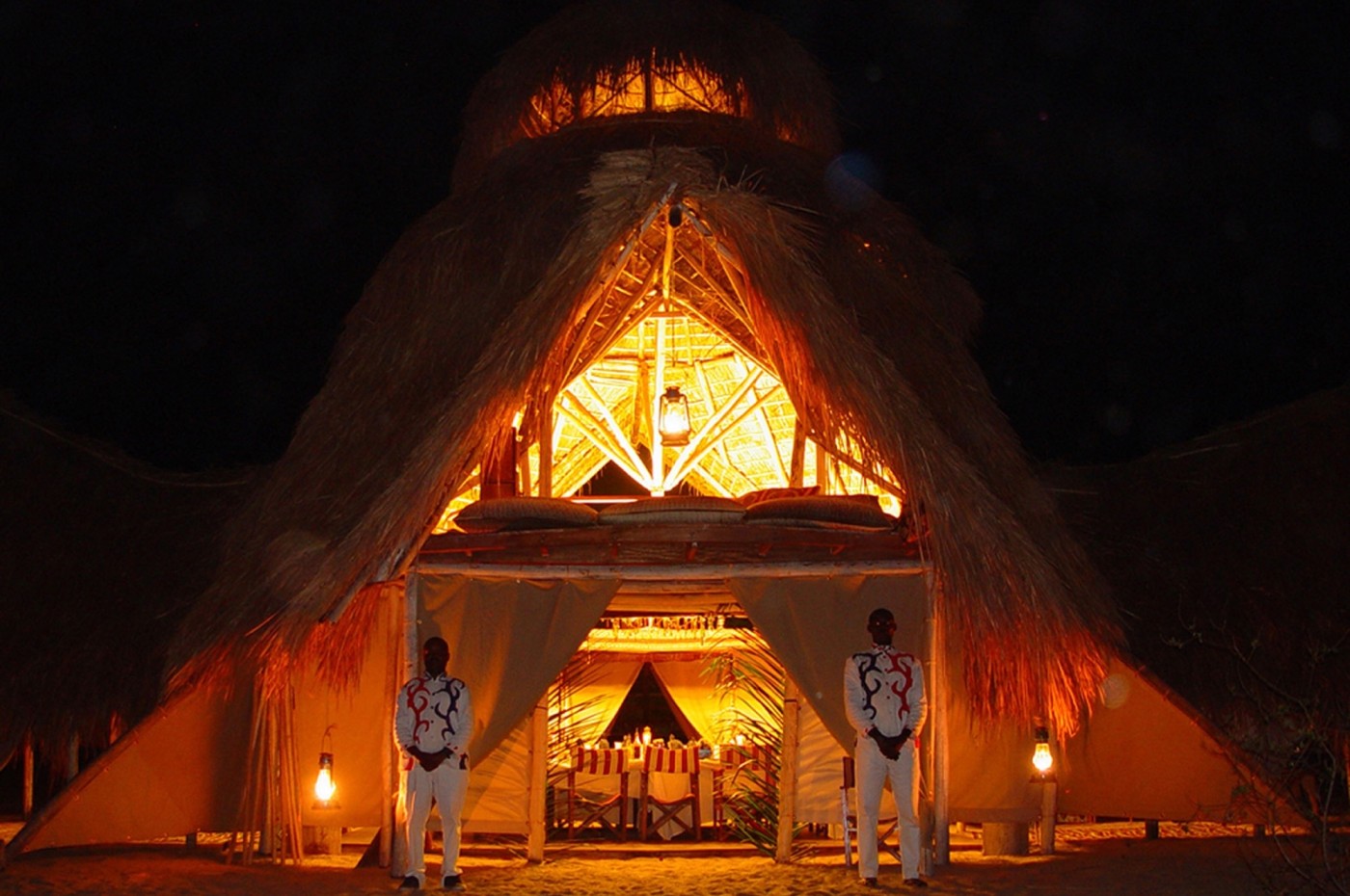 dinner hut at night at Greystoke Mahale, Tanzania