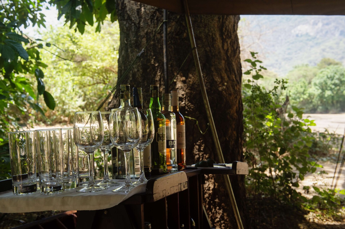 Bar and glasses at Wayo Manyara Green Camp, Tanzania