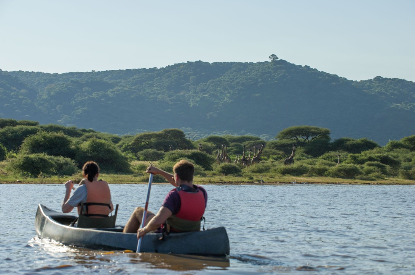 two people in a canoe at Lake Manyara