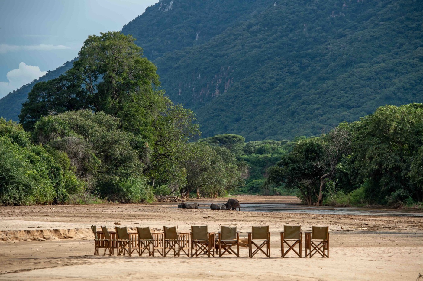 Tables and riverbed at Wayo Manyara Green Camp, Tanzania
