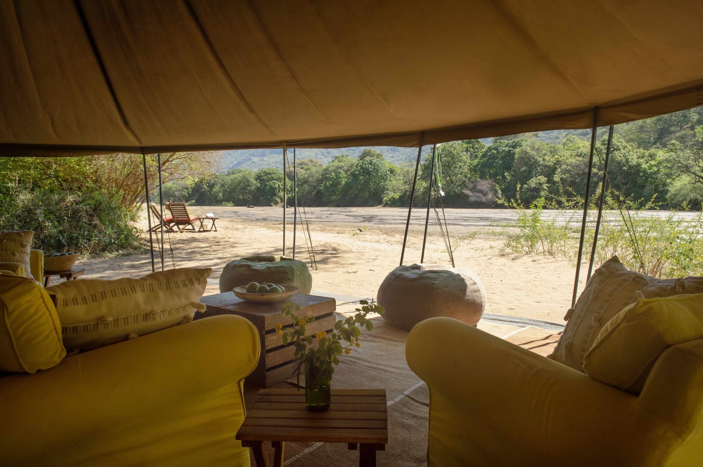 Tent, furniture and view at Wayo Manyara Green Camp, Tanzania