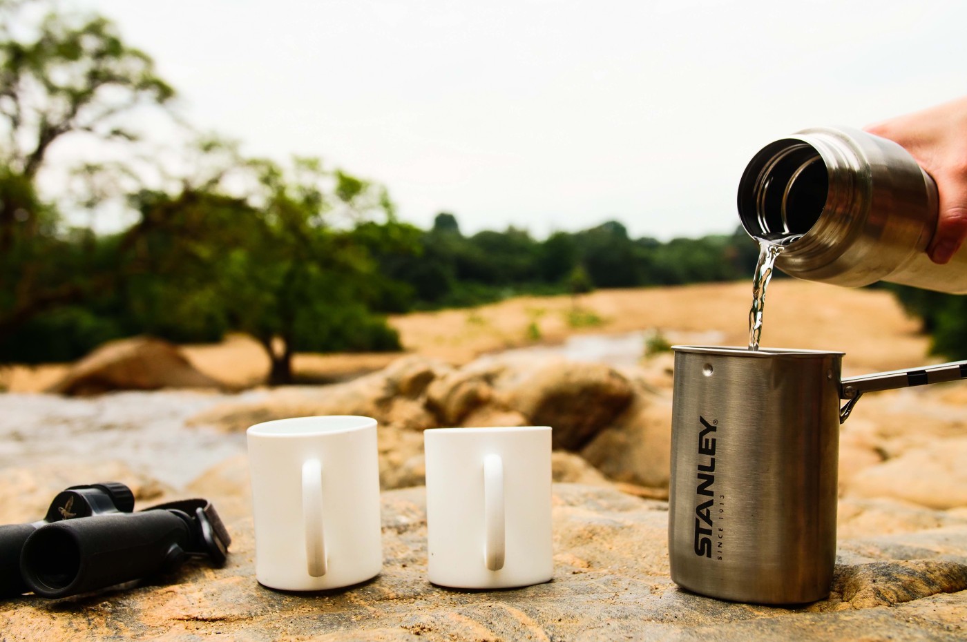 Coffee cups and water at Wayo Serengeti Green Camp, Tanzania